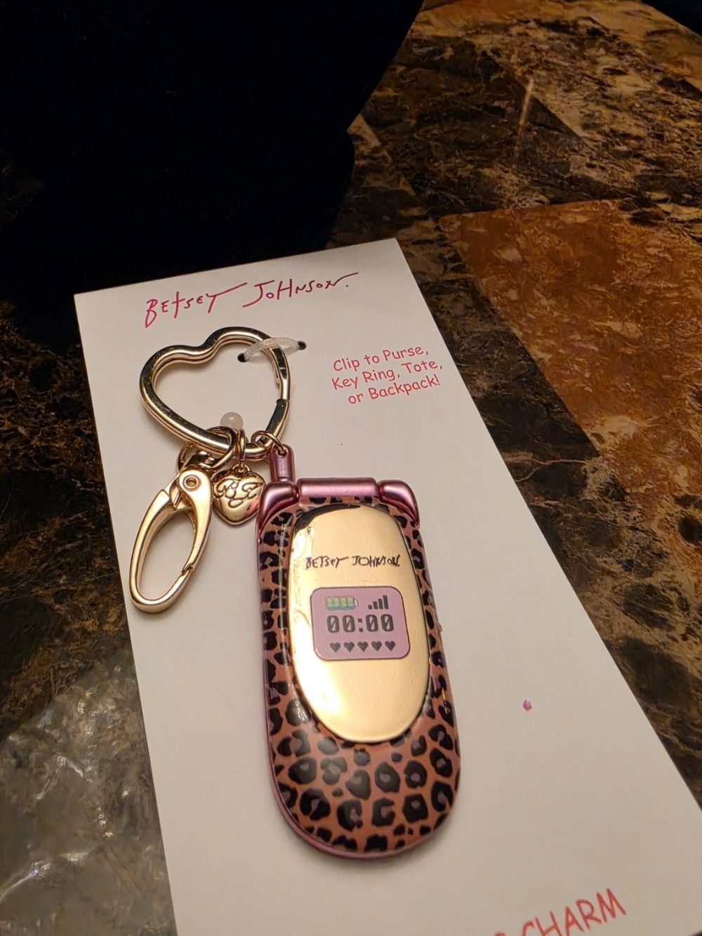 Betsey Johnson Pink Leopard Flip Phone Keychain with Gold Accents